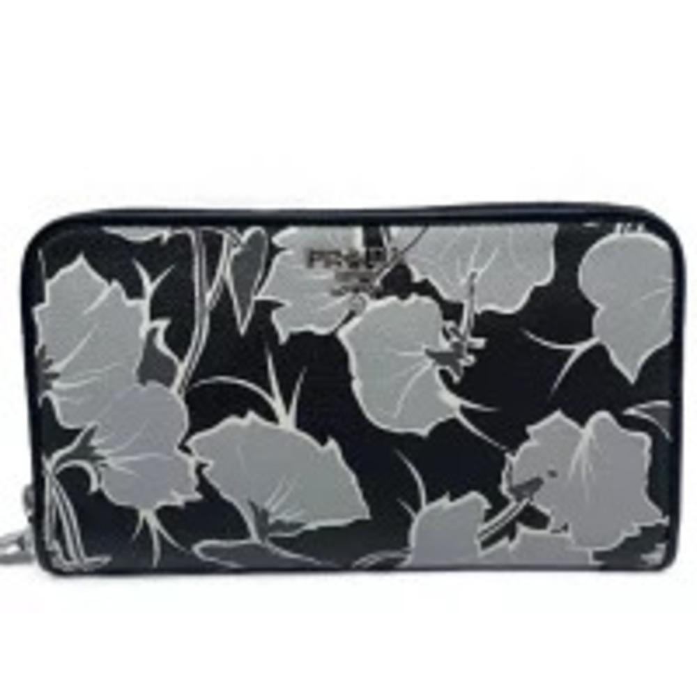 Prada Saffiano Round Zip Long Wallet Black Gray